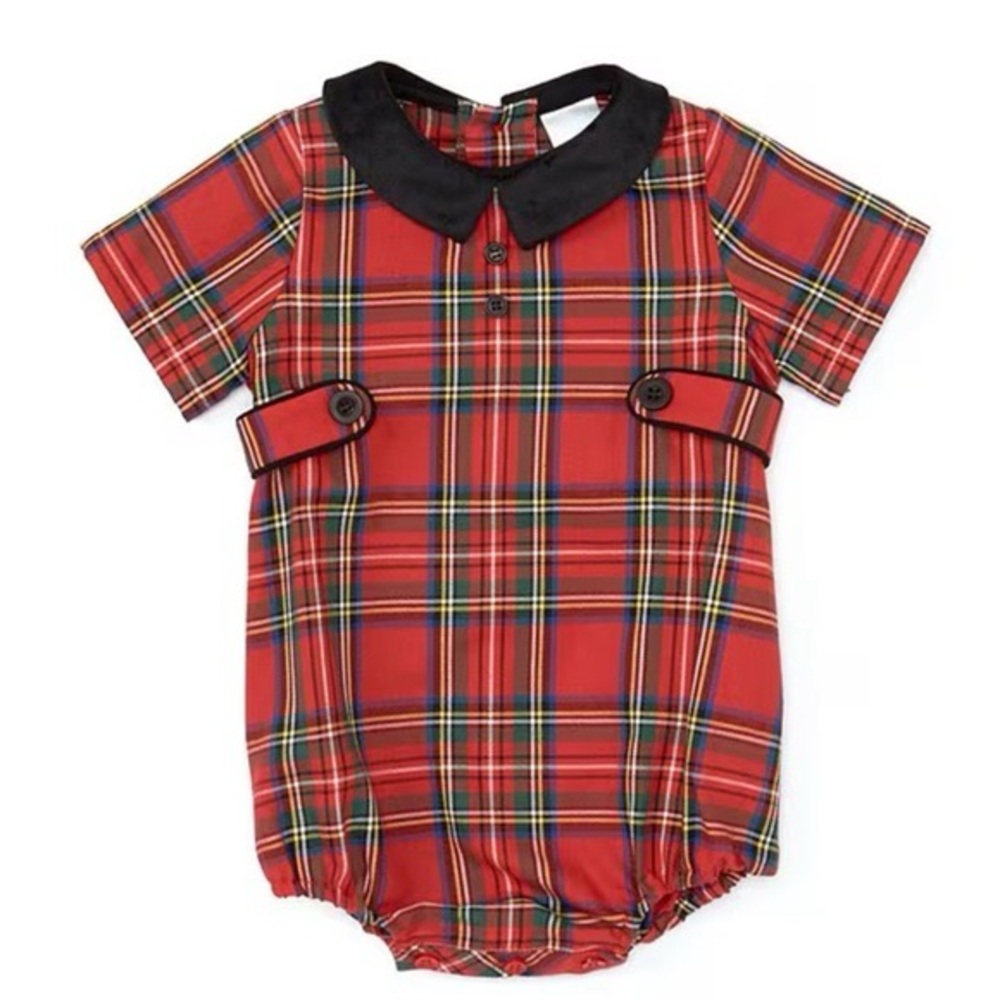 NWT Edgehill Collection Baby Short Sleeve Velvet Collar Plaid Holiday Romper 9M